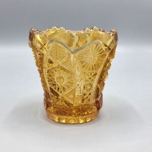 Vintage Imperial Glass Toothpick Holder Amber Glass Starburst Pattern Retro 2.5"